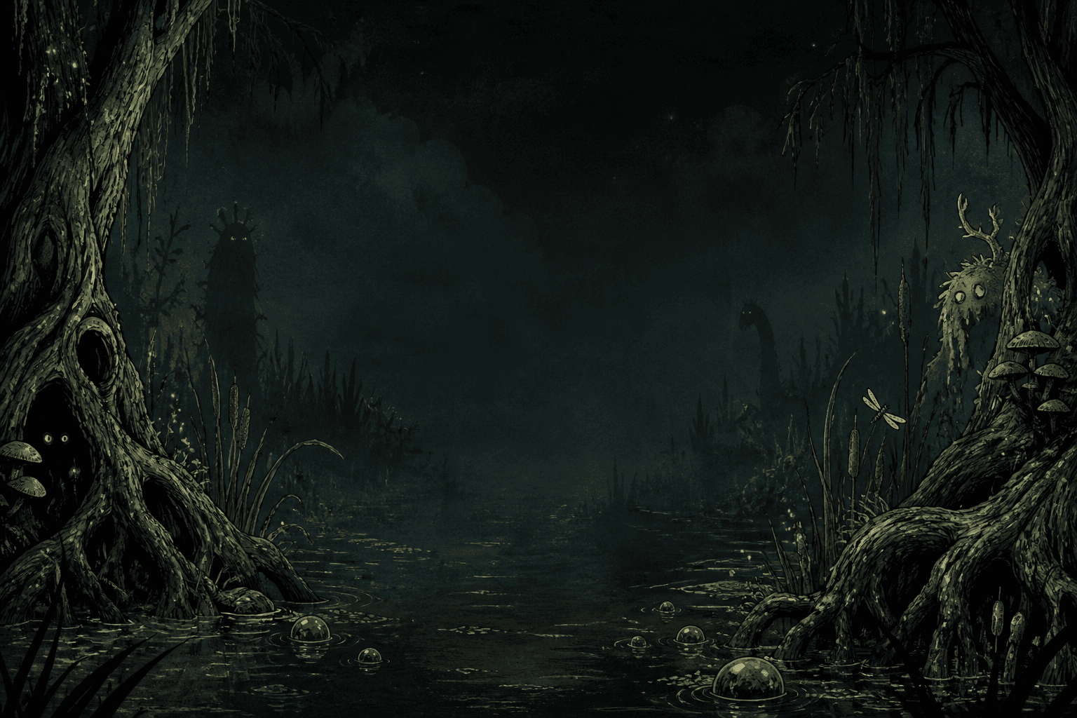 Murky illustrated swamp with fog and distant monster silhouettes