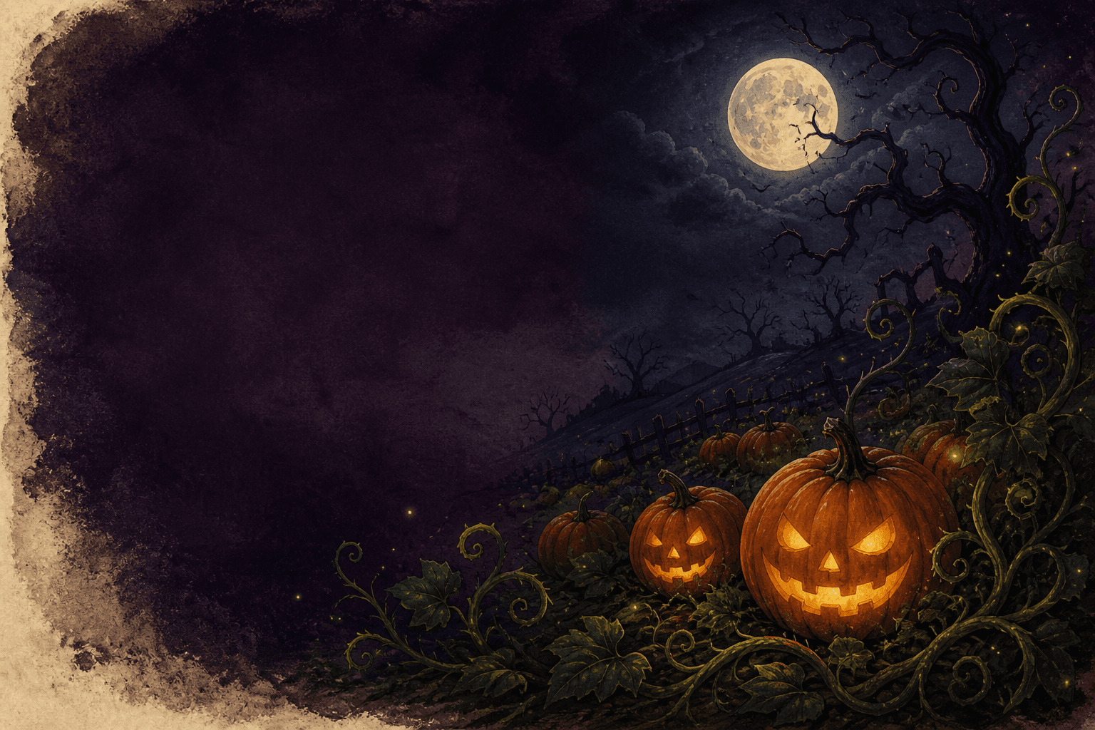 Moonlit pumpkin patch with curling vines and glowing jack-o’-lanterns